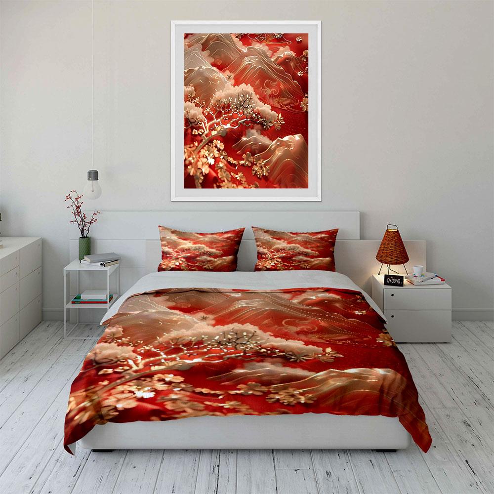 "Red Landscape Art Set Decoration" Soft Skin-Friendly Bedding Set Includes 1 Duvet Cover And 2 Pillowcase Gift