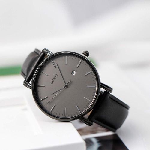 BUREI Men's Stylish Analog Quartz Watch, Simple, Slim, Casual Design with Date Display, Waterproof, Popular Brand, Black Leather Strap