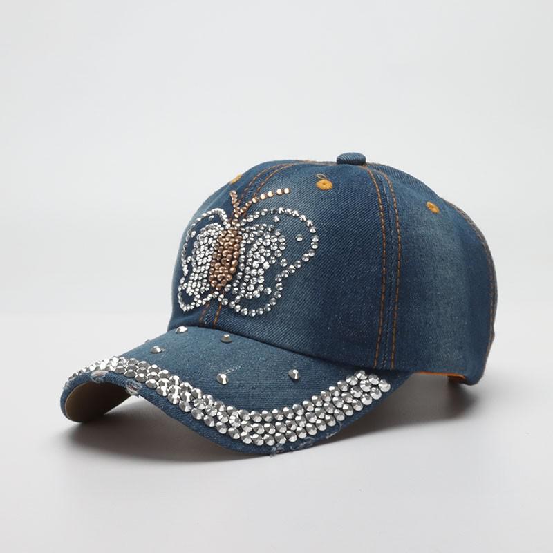 

Women s Baseball Cap Shiny Butterfly Pattern Denim Cloth Snapback Hats For Women Summer Autumn Casual Gorras Adjustable New 56-58cm темно-синього кольору