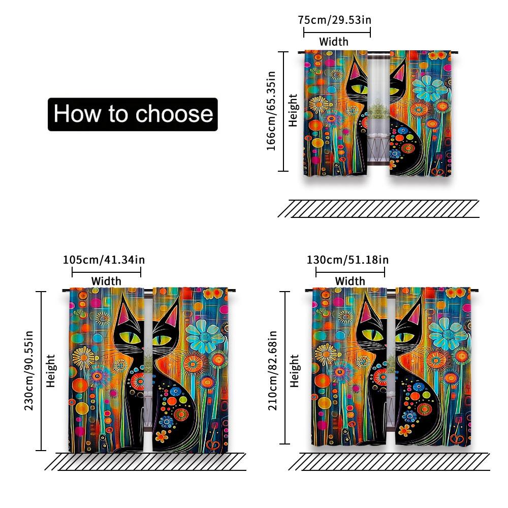 Set Of 2 Rustic Black Cat Curtain Vintage Watercolor Design Suitable Living Room Bedroom Many Other Occasions Polyester Perfect For Area