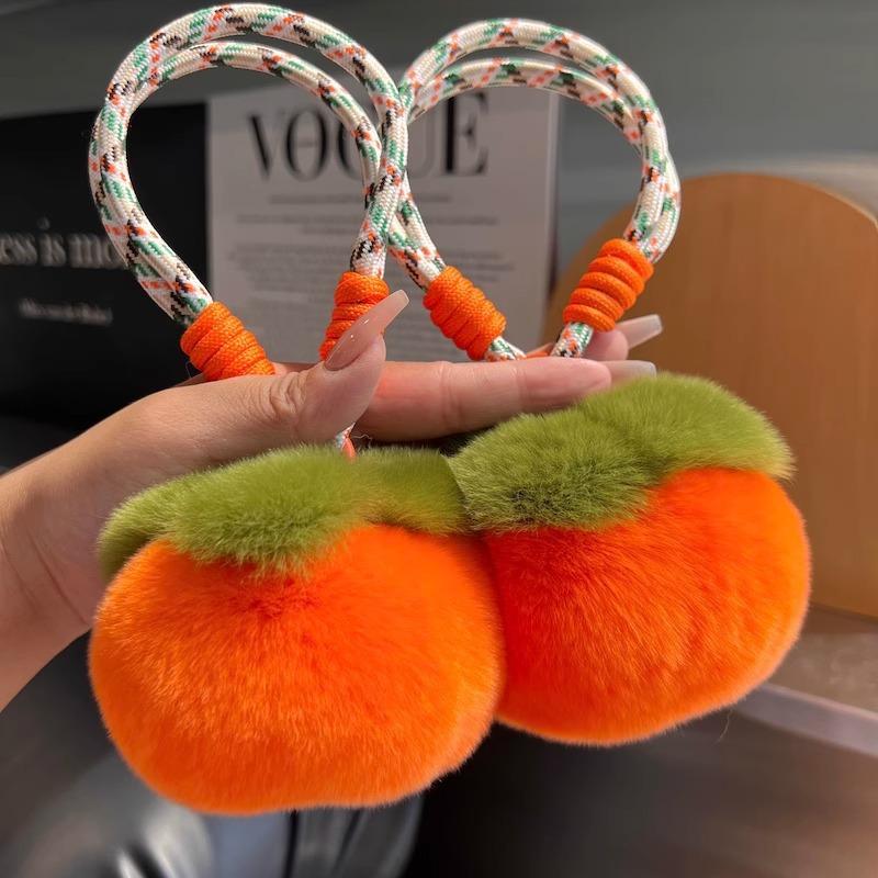 Fluffy Persimmon Keychain - Cute Plush Hangings On Bag Car Trinket For Women, Pompom Keyring Decorative Accessories Gift