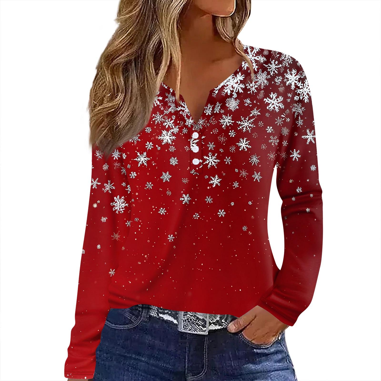 

Женская футболка с рождественским принтом на пуговицах с длинным рукавом, повседневная, выходного дня, модная, базовая, с V-образным вырезом, обычная L