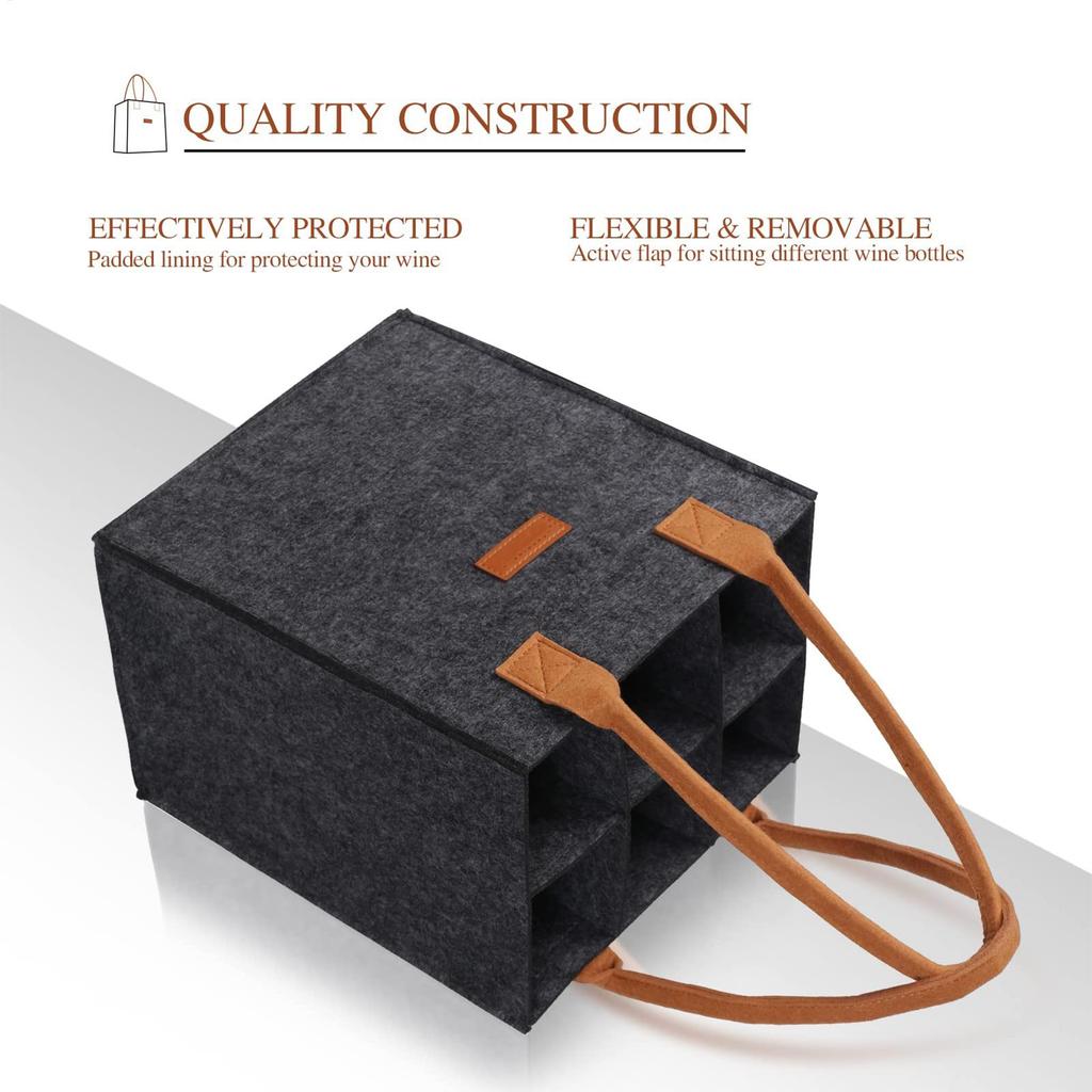 Insulated Wine Bag Felt 6 Bottles Carrier Padded Cooler Tote for Wine Lovers Wedding Christmas and Thanksgiving Gift Bag