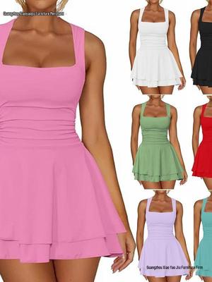 Square Neck Pleated Hem Mini Dress - European & American Style