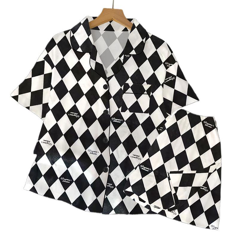 Fashion Light Luxury Black And White Checkerboard Ice Silk Pajamas Women'S Summer High-End Short-Sleeved Suit Loungewear