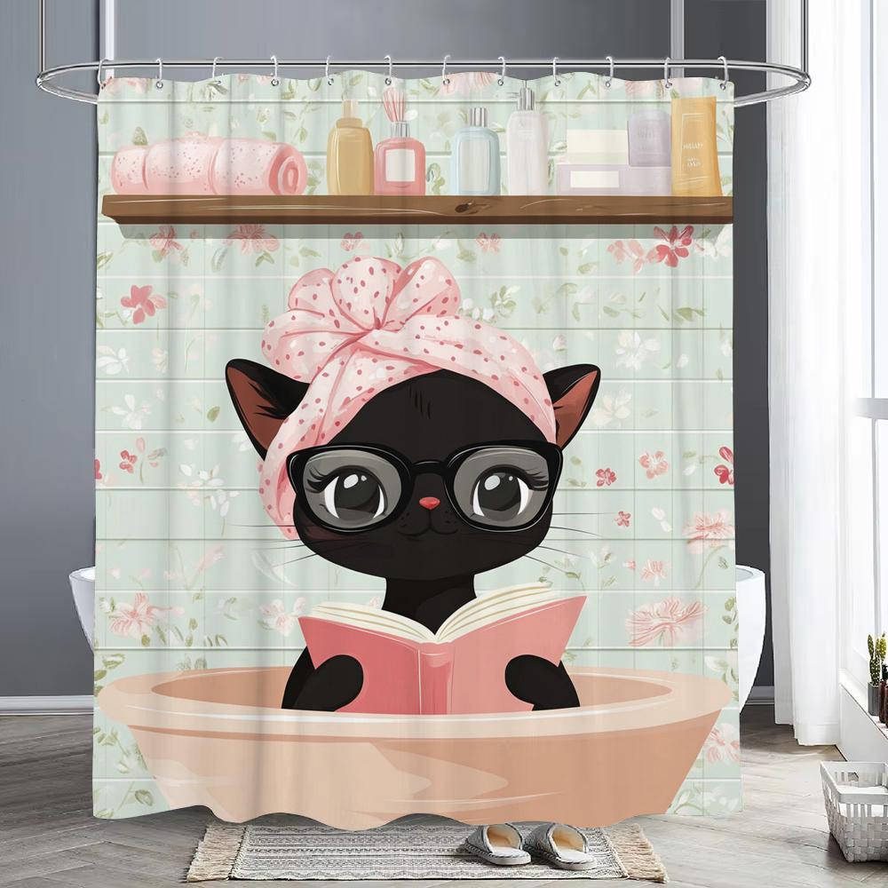 Bathroom Cat Shower Curtain, Floral Plants,Black Cat in the Bathtub Bathroom Decorative Shower Curtain, Home Curtain with Hooks