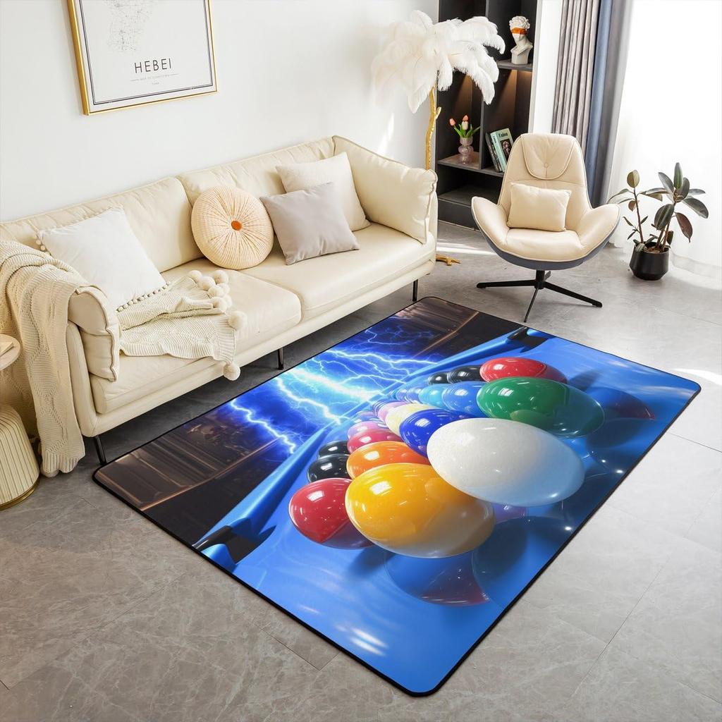 Billiard Balls Large Area Rug 5x7 Billiard Cue Living Room Rug | Pool Balls for Pool Table Rugs for Bedroom, Billiards Pool Cue Carpet Indoo