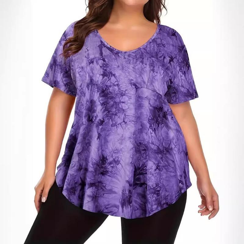 Women's Plus Size Summer Fashion V Tie Pocket Tie Dye Short Sleeved T Shirt