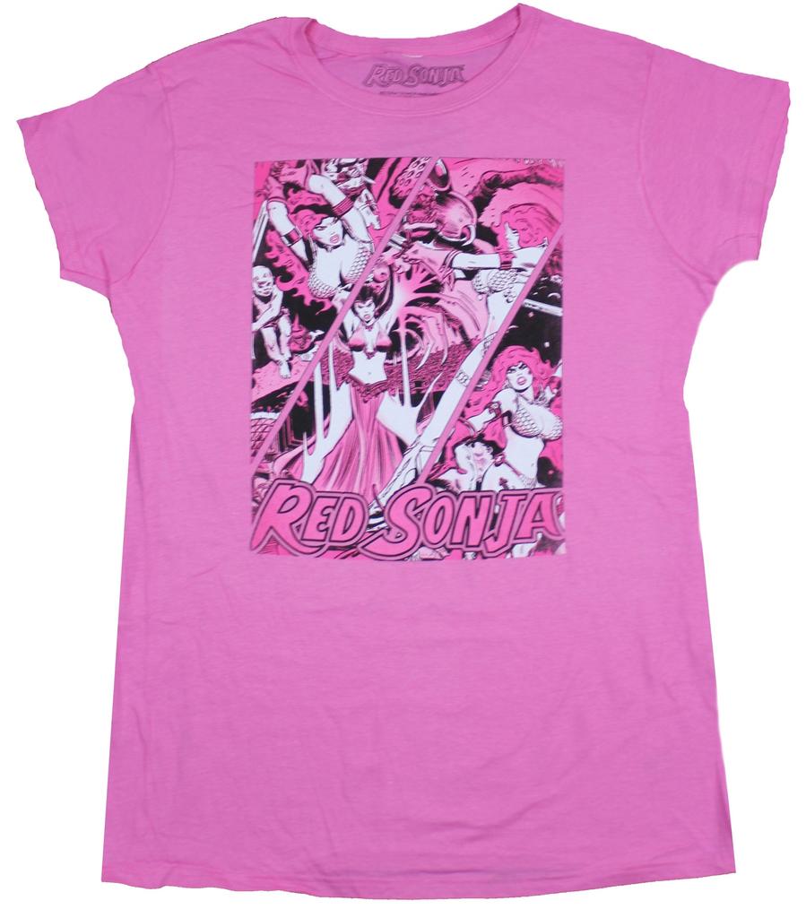 Red Sonja Girls Juniors T-Shirt - Slashed Spider Fighting Comic Panels