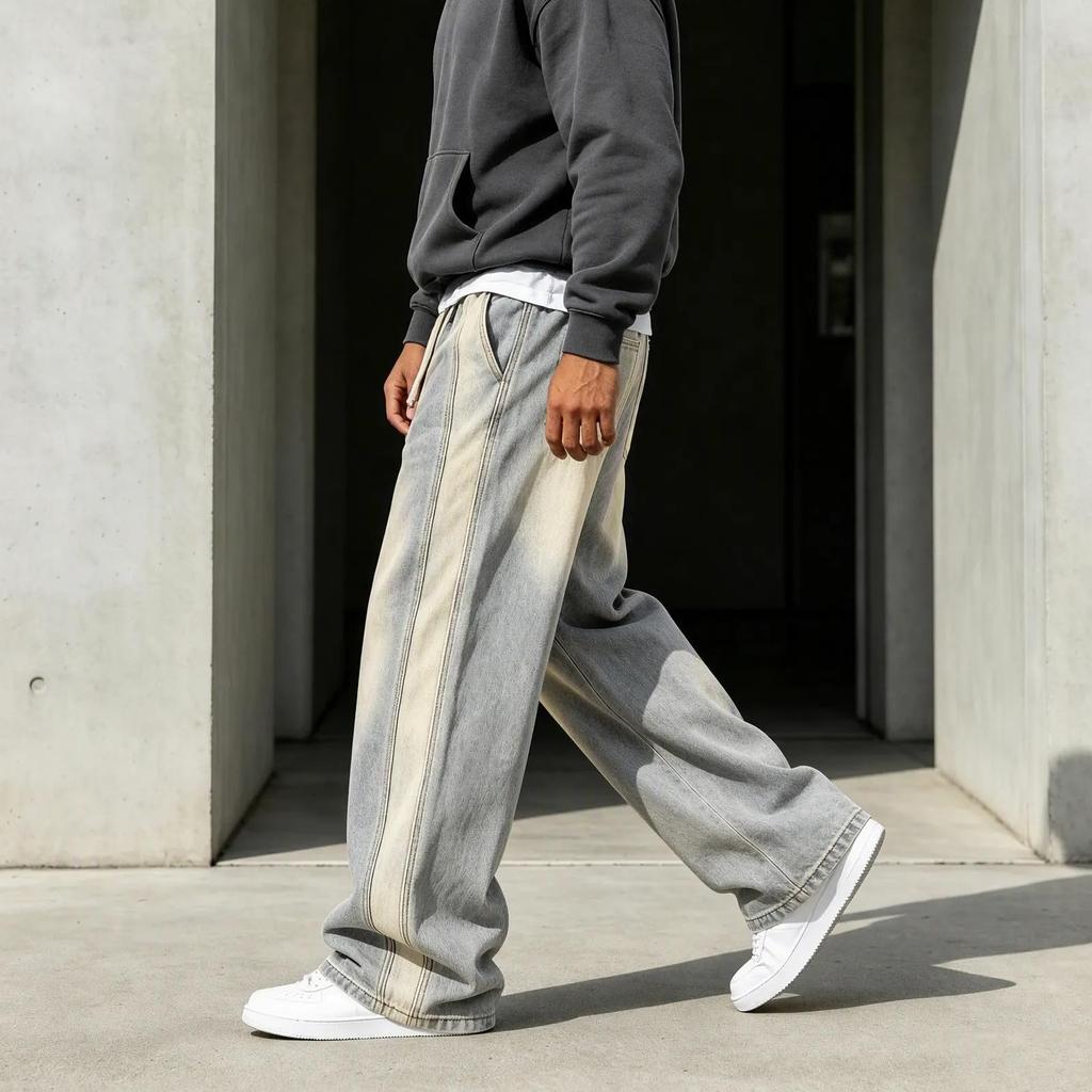 Men's Wide Leg Jeans with Elastic Waist, Vintage Wash Casual Denim Pants, Soft Denim