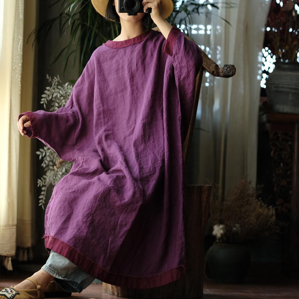 Johnature Frauen Vintage Kleider O-Ausschnitt Fledermaus Ärmel Herbst lose lila chinesischen Stil Frauen Kleid