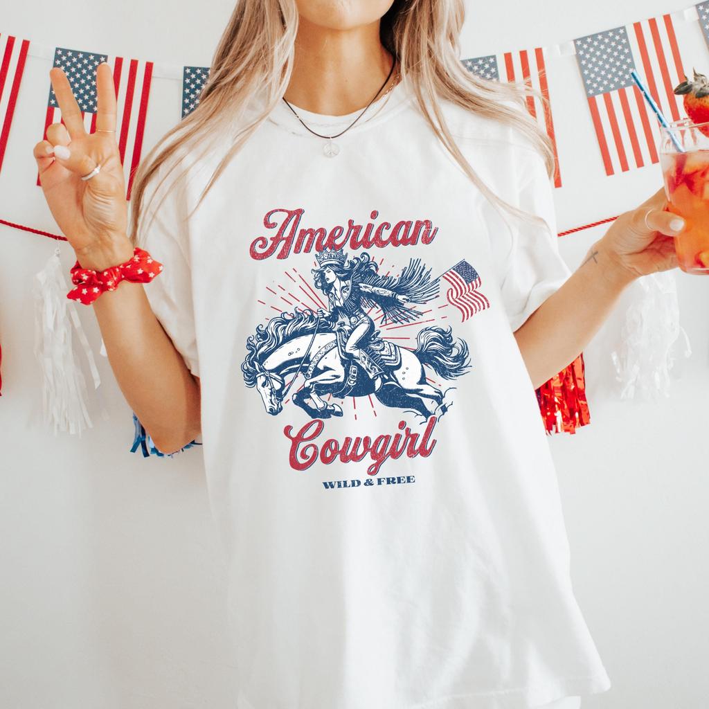 4th of July Shirt, American Cowgirl Shirt, Retro USA TShirt, Western 4th July Aesthetic Patriotic Cowboy Tee, Trendy Comfort Colors Plus Tee