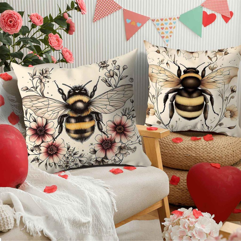 Cute Bee And Flower Pattern Digital Printing Pillow Cover Short Plush Suitable Living Rooms Bedrooms Sofas Throw Cushion Cover