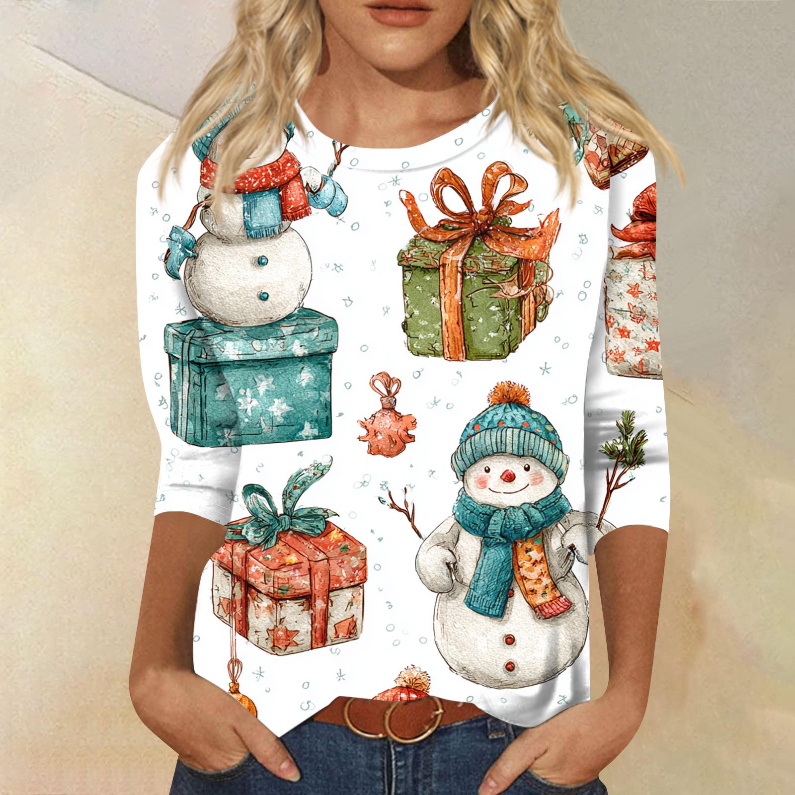 

Women s Fashion Casual Round Neck Three-quarter Sleeve Christmas Print T-shirt Top XXXXXL ціан