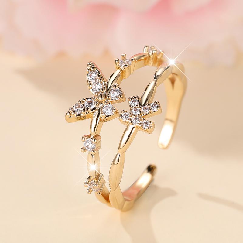 

Двухслойные циркониевые бабочки 26 букв открытые кольца для женщин золотого цвета регулируемое кольцо палец ювелирные изделия свадебный подарок K золотой