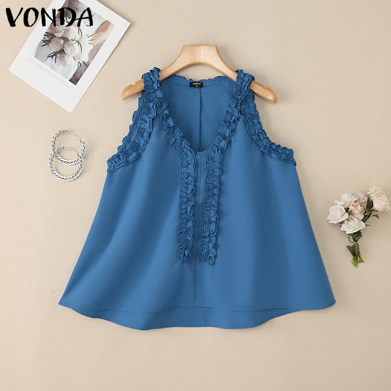

VONDA Women Sleeveless V Neck Solid Color Ruffled Casual Tank Tops 4XL синий