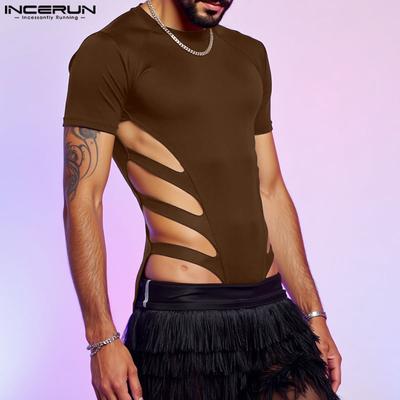 Men Short Sleeve Hollow Bandage Fitted Jumpsuits Romper Homewear
