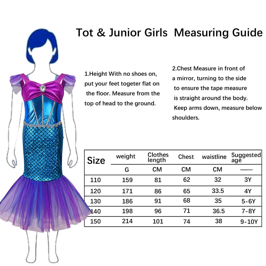 Mermaid Dress, Kids' Princess Dress, Deluxe Princess Dress 8-Piece Set (Necklace, Bracelet, Earrings, Magic Wand, Ring, Hairband, and Skirt)