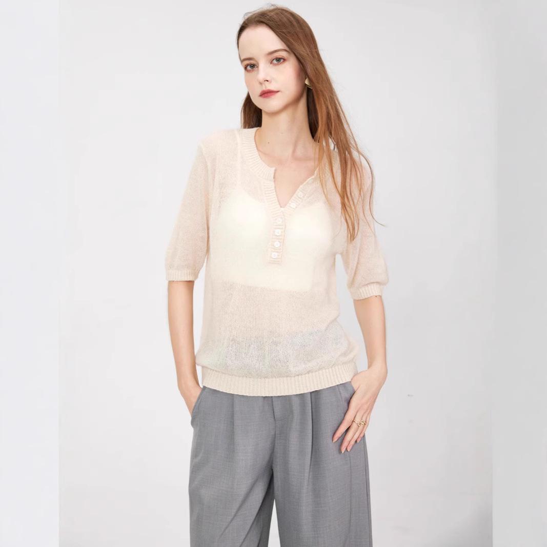 

High-End Wool V-Neck Semi-Sheer Buttoned Five-Sleeve Knitted Casual Top M абрикосовый света
