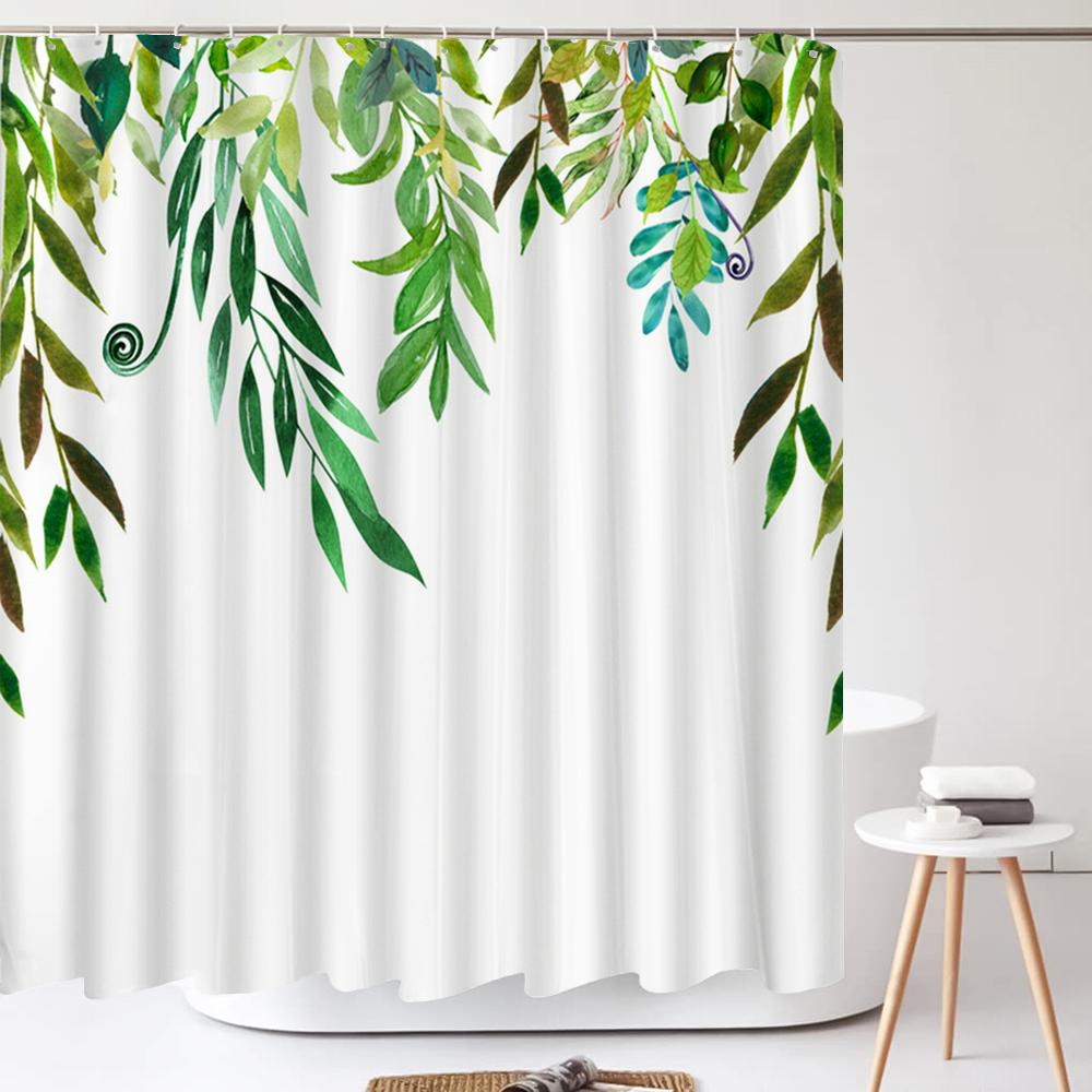 Green Leaves Plant Flower Butterfly Shower Curtain Watercolor Floral Waterproof Fabric Bath Curtains Bathroom Accessorie Decor