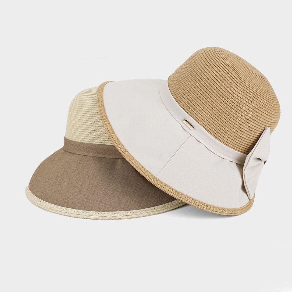 Fashion Large Bow Women Sun Hat Weave Bowknot Straw Hat Breathable Wide Brim Sunscreen Bucket Hat Ladies/Girls