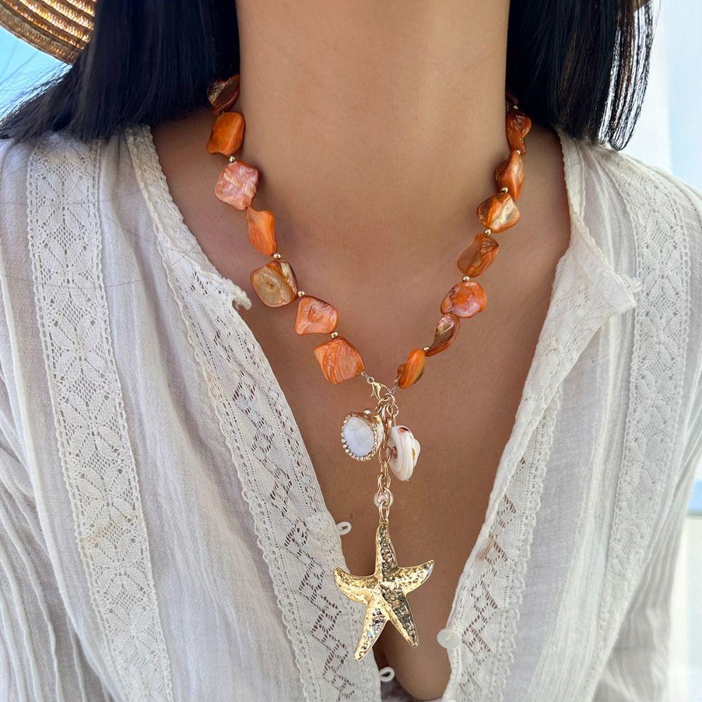 Charm Natural Shell Starfish Beaded Necklace Sea Series Shell Beaded Chain  Women