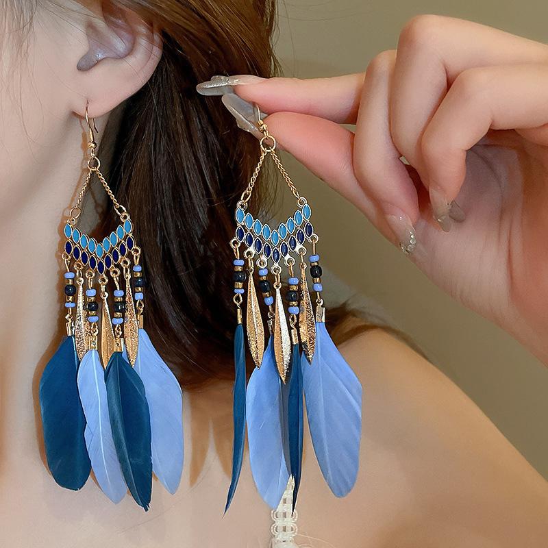 Boho Niebieskie Długie Kolczyki z Frędzlami Damskie Premium Świąteczne Wietrzne Haczyki na Uszy Retro Etniczne Wietrzne Kolczyki
