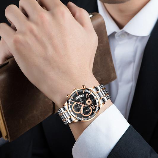 KINGNUOS Herrenuhr mit massivem Stahlarmband, wasserdicht, beschichtetes Glas, leuchtend, drei Augen, 6 Zeiger, Quarzuhr