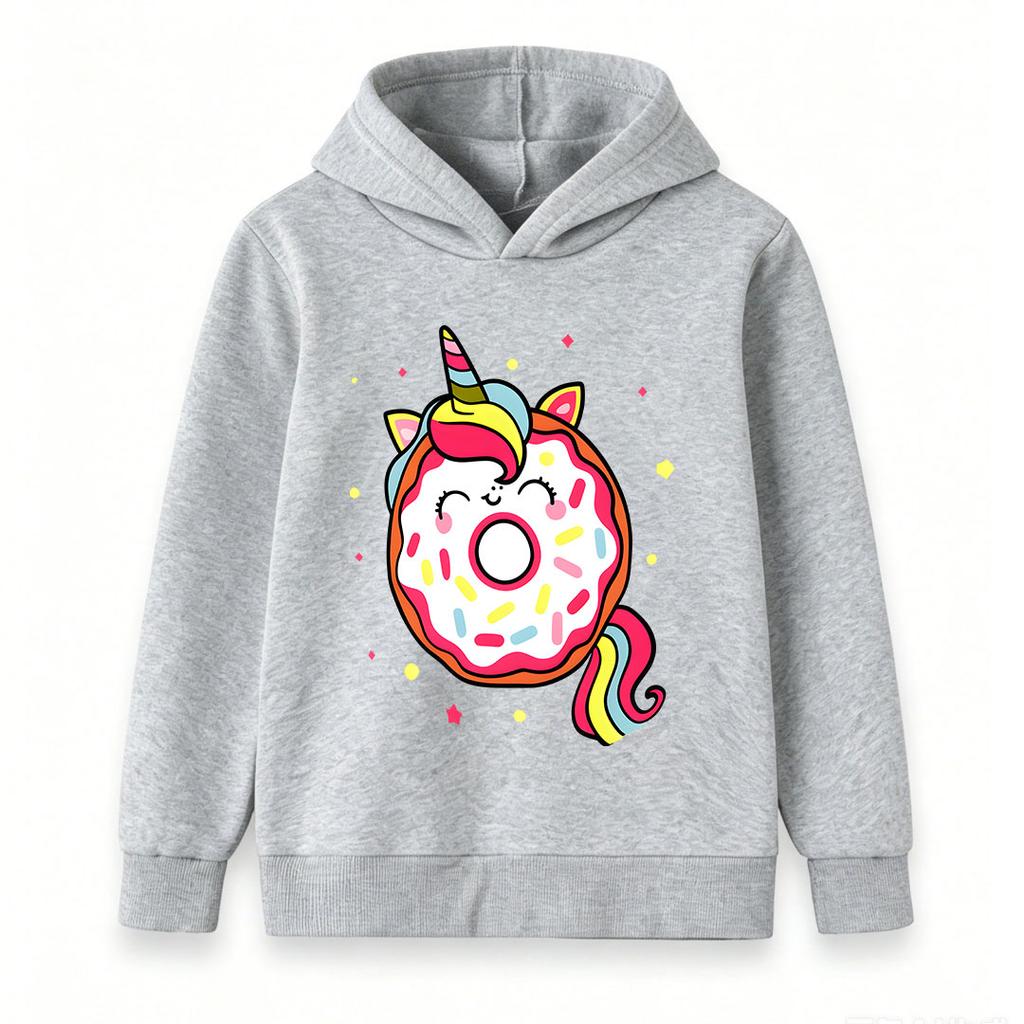 Kids Boys Girls Cute Unicorn Donut Print Pullover Hoodie Casual Long Sleeve Sweatshirt with Rainbow Sprinkles Cartoon Design for Children Daily Wear P