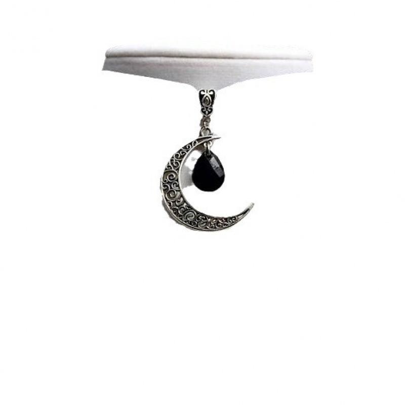Gothic Velvet Cord Moon Bag Necklace with Teardrop Stone