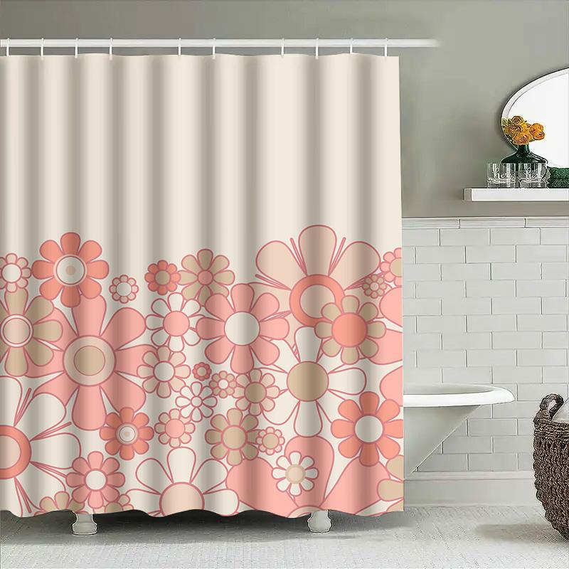 Vintage-Style Flower Shower Curtain With Warm Pink Blooms For Bathroom Decor – Waterproof Fabric, Adjustable Ring Holder Set Inc