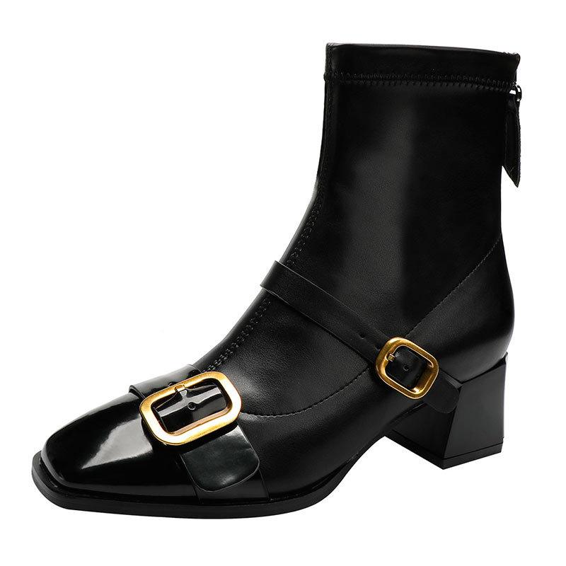 Wind short boots women's single boots soft leather thin new retro square head high heel Martin boots thick heel