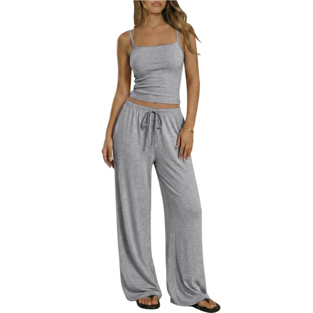 

Spring Summer Women Camisole Crop Top Long Pants Casual Wide Leg Pants Lazy Style Set XL світло-сірого кольору