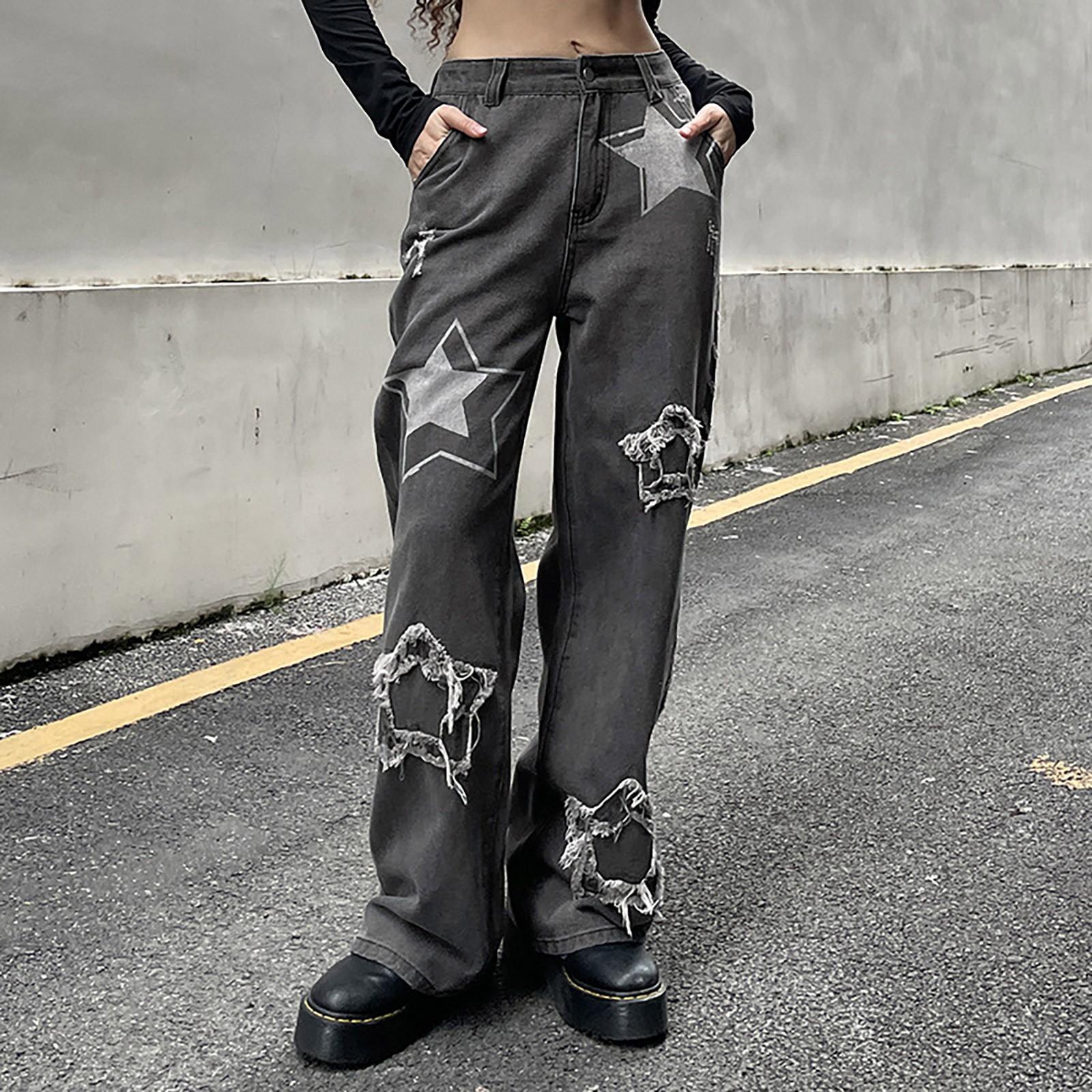 

Женские модные прямые джинсы со звездами и узкие брюки с высокой талией L серый