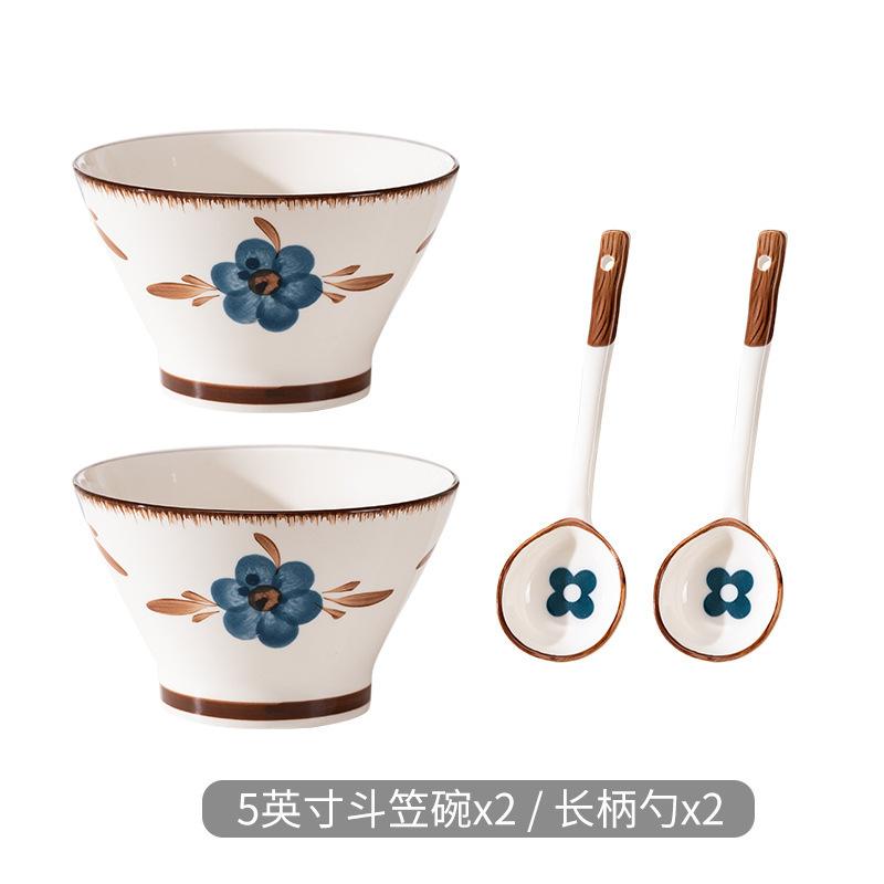 Hand painted rui blue hat bowl household ceramic tall rice bowl noodle bowl fruit bowl salad bowl