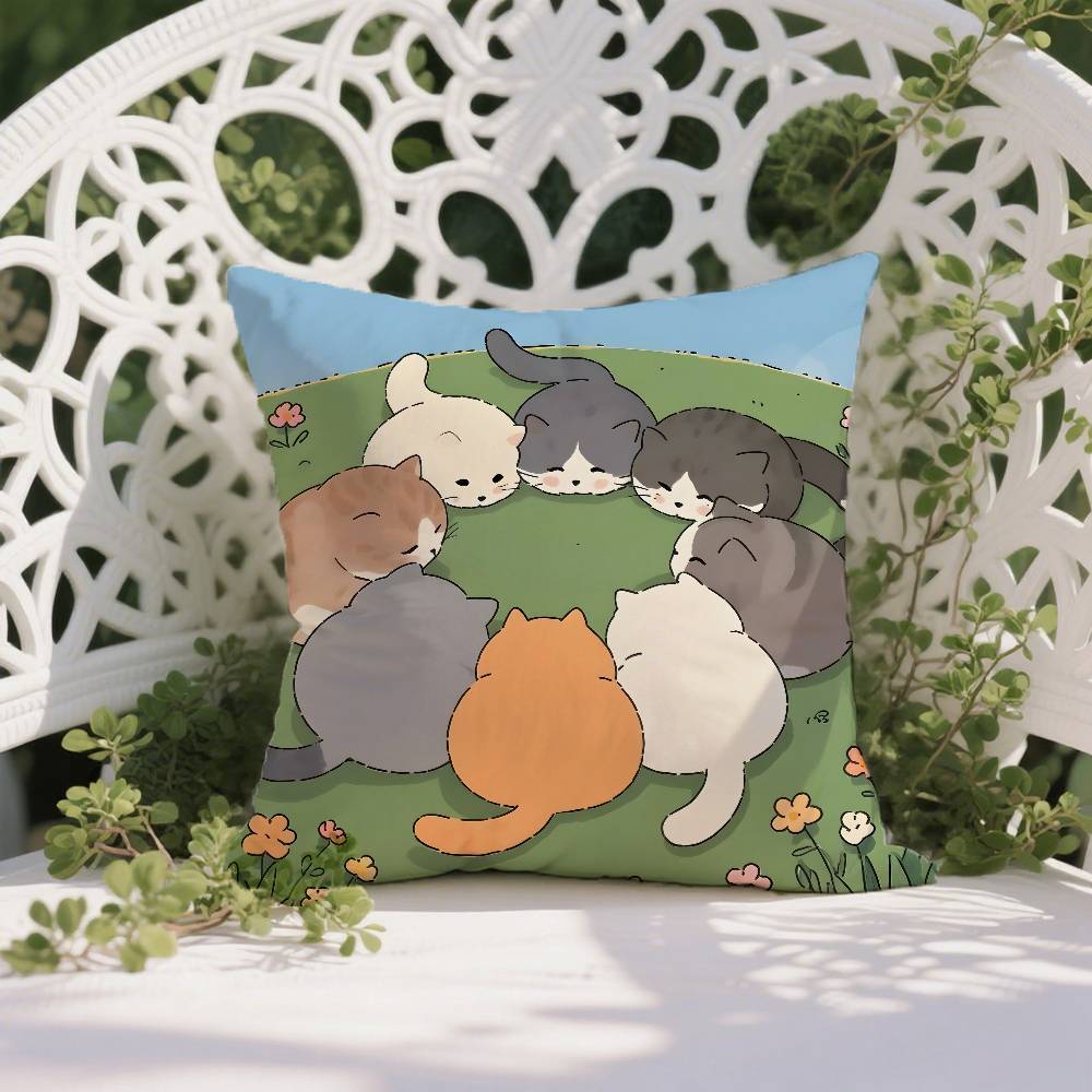 Cartoon Cute Cat Picture With Fresh Pillow Case Anti-dustmite Pillowcase Invisible Zipper Silky Short Plush Sofa Cushion Cover