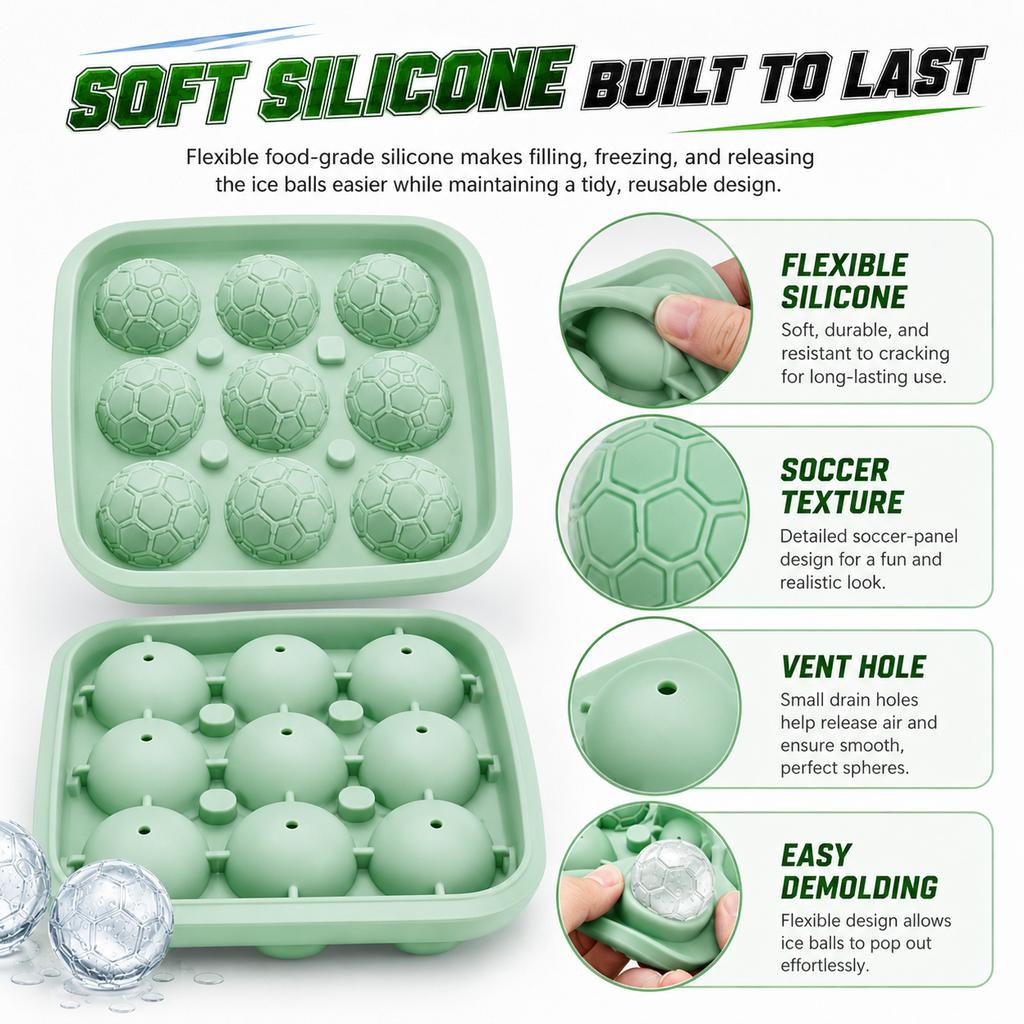 3D Soccer Ball Silicone Ice Cube Maker Tray 9-Cavity Football Ice Sphere Mold For Party Whiskey Cocktails Beverages Ice Trays