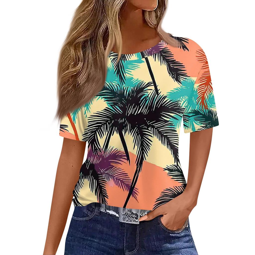 Damski modny, swobodny, krótki rękaw, nadruk, okrągły dekolt, bluzka typu pullover