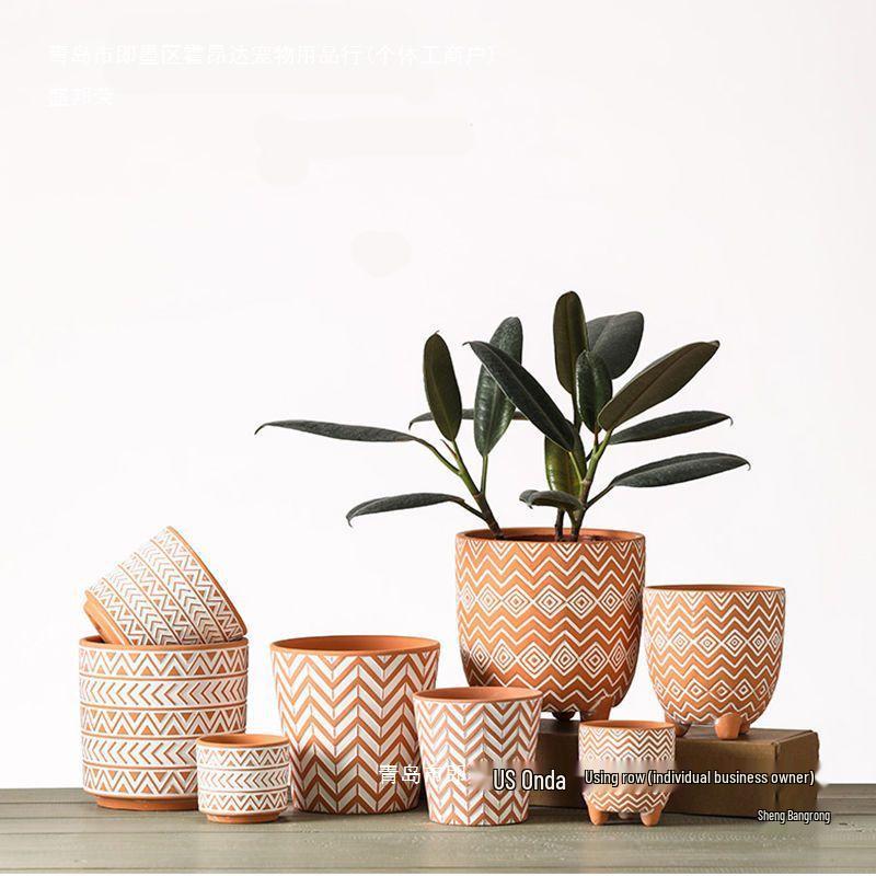 Red Clay Breathable Minimalist Terracotta Flower Pot with Feet for Succulents and Pothos - Round Design, Free Shipping