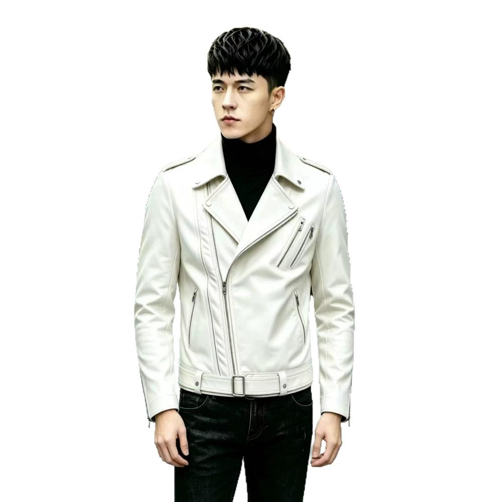 Autumn and winter men's clothing British large size stand-up collar large size PU leather jacket men's trendy solid color multi-zipper leather jacket