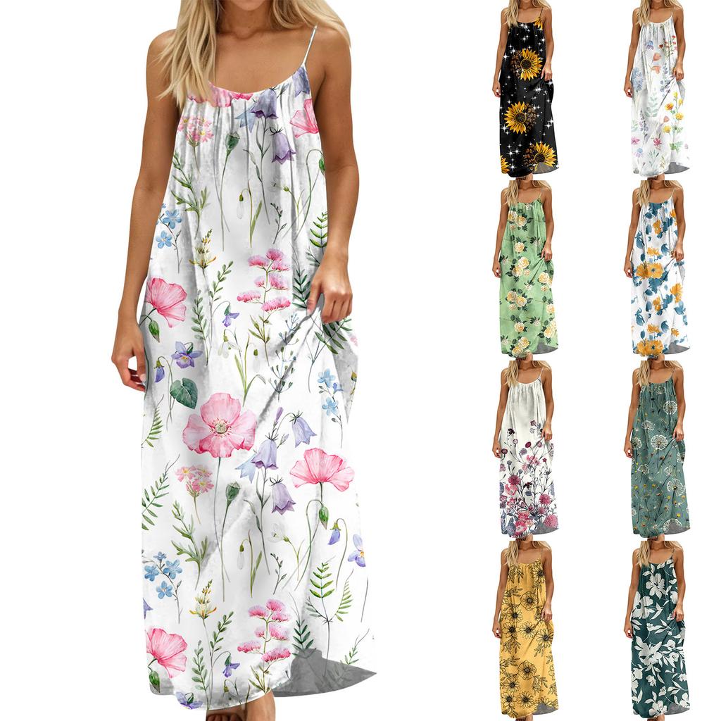 Damenmode Rückenfreies Spaghettiträger Lässiges Lockeres Blumenprint Kleid