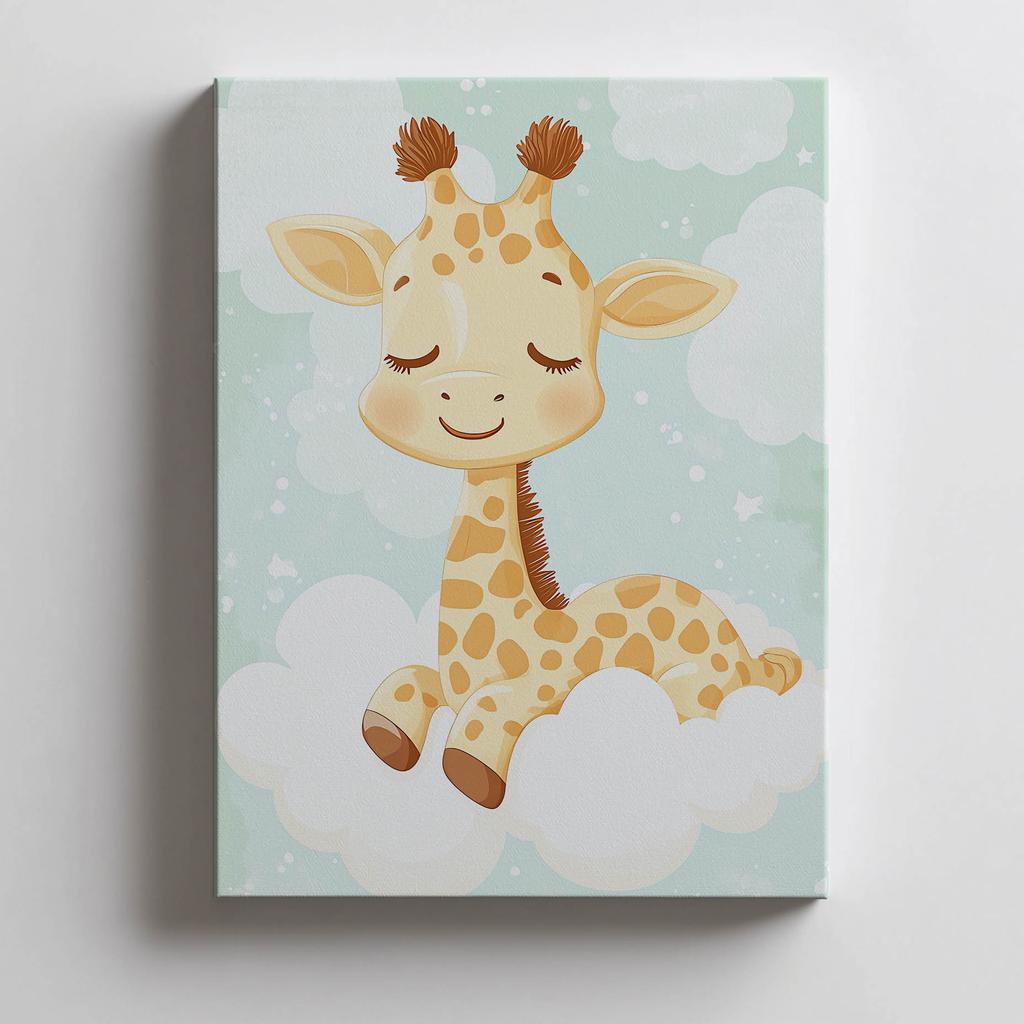 Plakat Żyrafa Na Chmurce Plakat Żyrafa Na Chmurce, 30X40 Cm, Rama Drewniana Jasny Dąb, Papier Matowy 230 Gsm