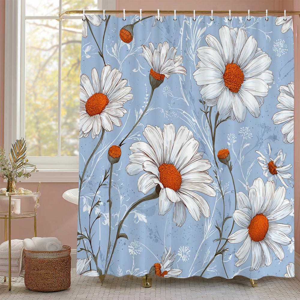 White Daisy Flowers Shower Curtain, Floral Art Bathroom Decorative Shower Curtain, Printed Polyester Fabric Curtain with Hooks