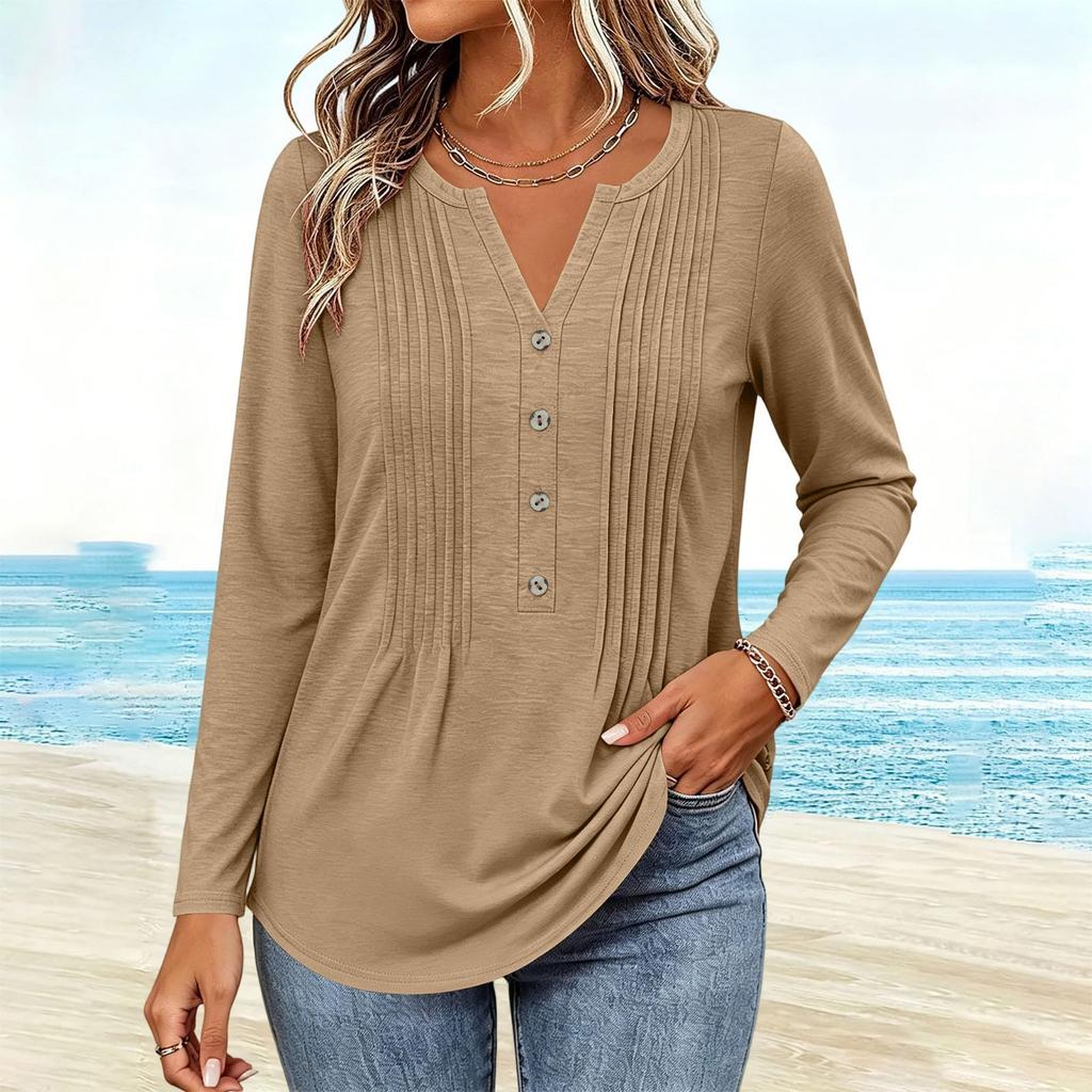 Women's Casual Long Sleeve Shirt with Pleated V-Neck for Everyday Wear