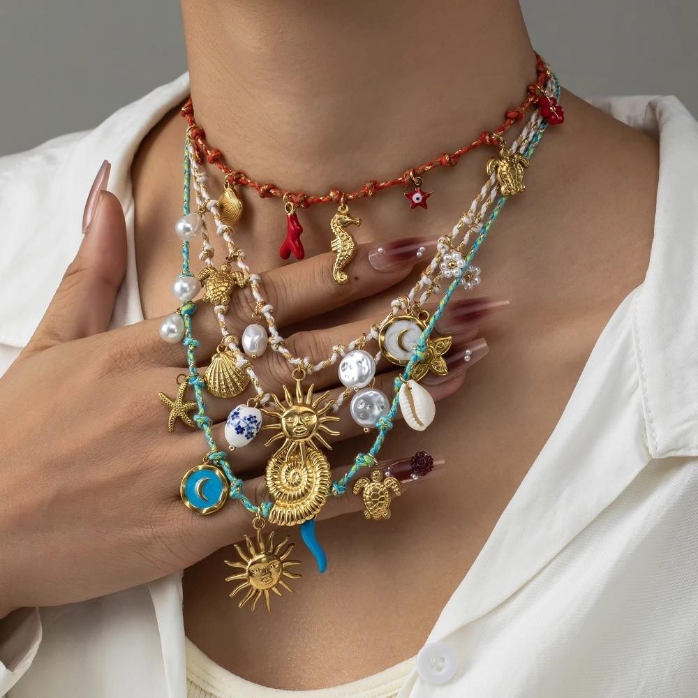 Ocean Style Woven Rope Collarbone Chain 3D Mini Metal Sun Necklace  Men