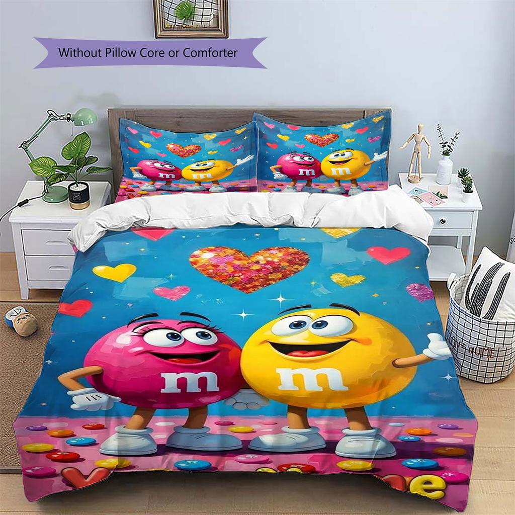 M&M's Custom Name Pattern Bedding,Quilt Set Quilt Cover Pillowcase Home Birthday Gift(1 * Duvet Cover + 2 * Pillowcase, Without Core)