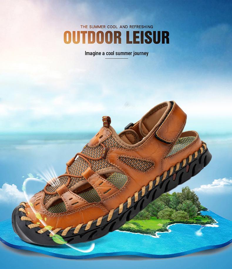 Men's Handmade Velcro Cowhide Mesh Beach Sandals - Summer Casual Breathable Outdoor Shoes