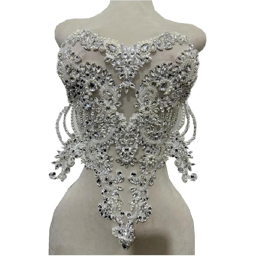 Handmade red/Blue/Gold/Green Rhinestones Lace Bodice Applique Sewing Beads Crystal Trim Patches Accessory for Dress Clothes (Light Champagne)