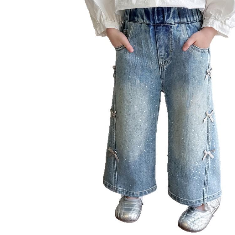 Girls' 2026 Spring Rhinestone Star Denim Jeans - Drapey Straight-Leg Casual Pants