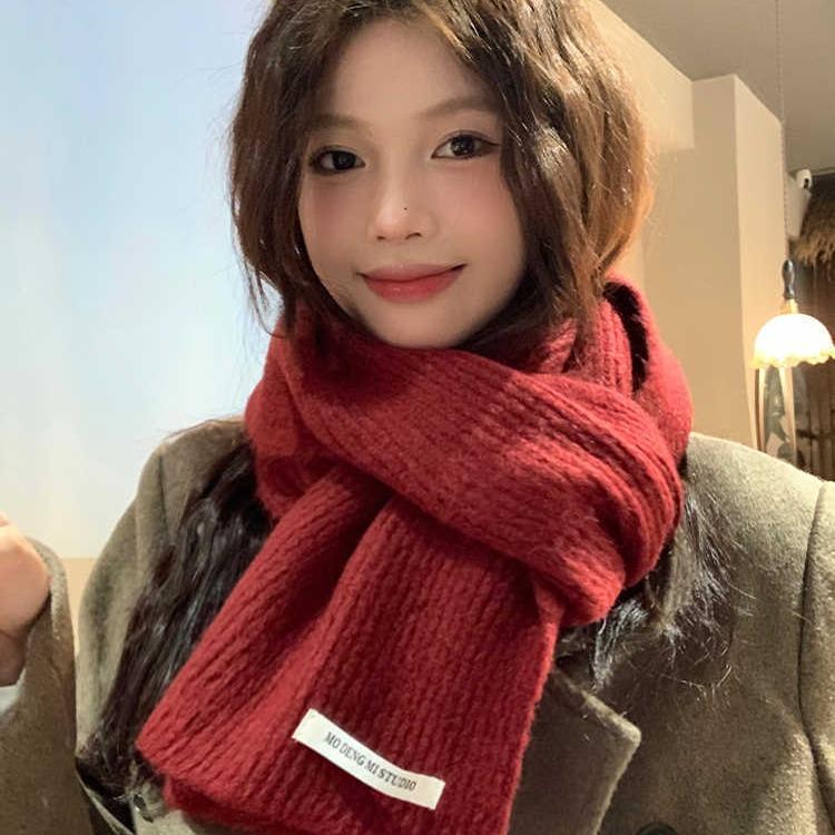 Red Knitted Woolen Scarf Women'S Winter Simple Luxury Solid Color Warm Neck